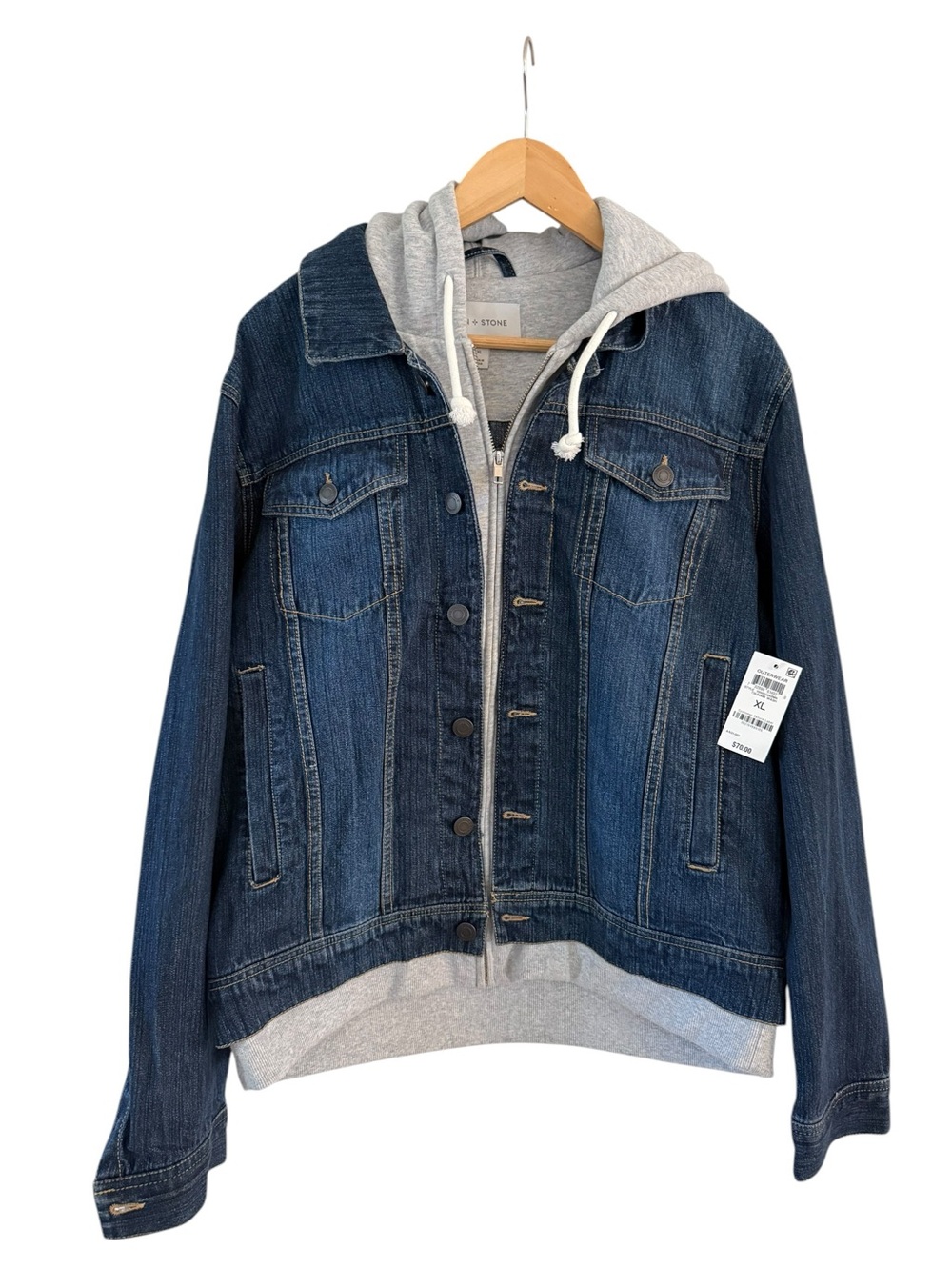 NEW SUN + STONE Reeves Denim Trucker Knit Hooded Jacket Tsunami Wash Blue XL